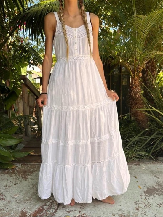 Forever 21 Dresses & Skirts - Forever 21 White Crochet-Trim Tiered Maxi Dress Prairie Boho S